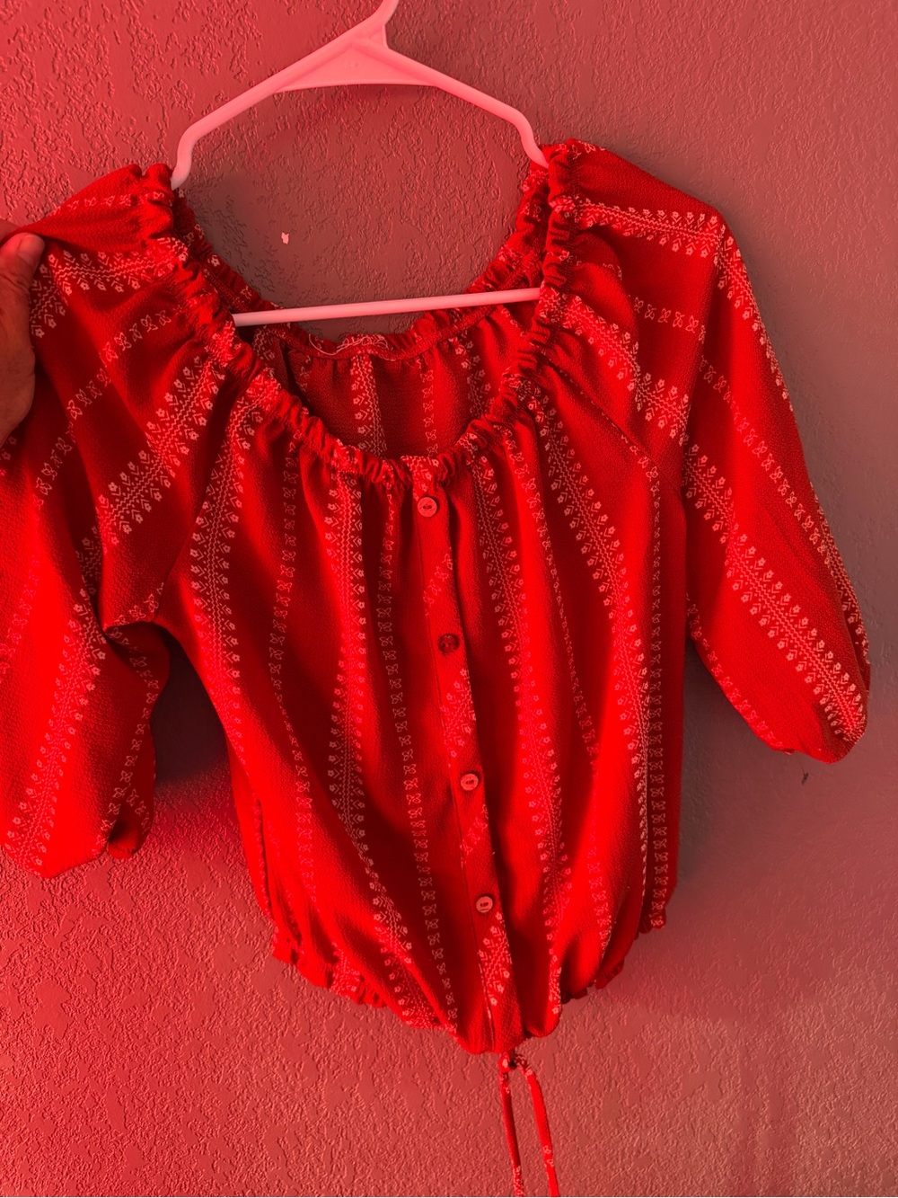 Smocked Off-Shoulder Red Button-Front Blouse